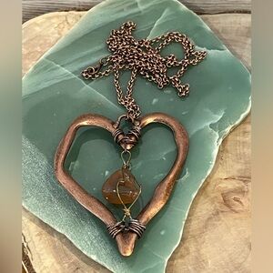Artisan Copper Heart Necklace with Stone Accent